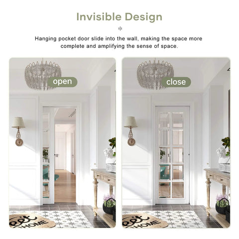 Open and closed views of a Five Point Three Foot Sliding Pocket Door Hardware Kit For Commercial Grade Aluminum Box Rail Track