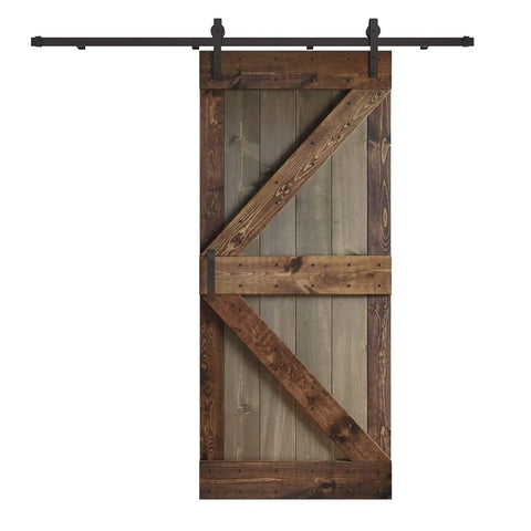 Front view of 36-Inch By 84-Inch K Series Multi Color Knotty Pine Sliding Barn Door With Hardware Kit Smoky Gray Kona Coffee Finish