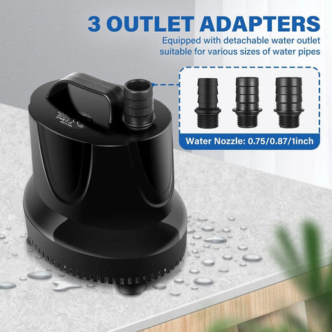 Simple Deluxe 800GPH bottom-suction submersible pump, black, with 3 nozzle adapters.