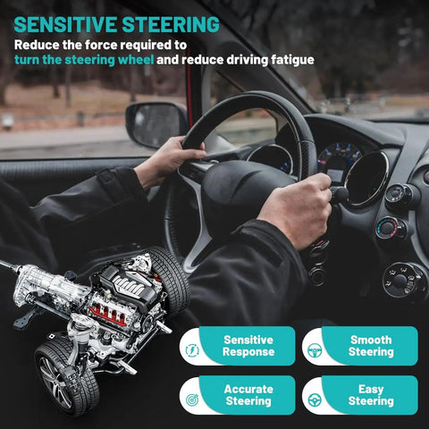 Driver using steering wheel with text promoting sensitive steering benefits and image of car steering mechanism