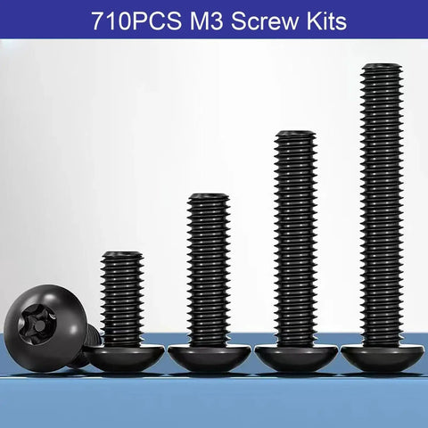 All In One M3 Screw Kit For 3D Printing With 710 Pcs Eight Lengths Of Screws displayed in varying heights on blue background