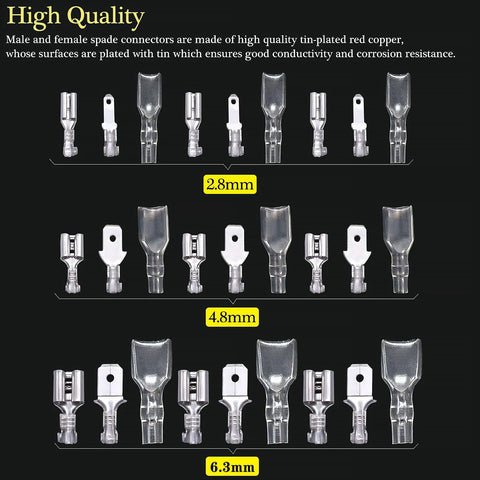 360-piece spade terminal kit with 2.8/4.8/6.3mm male/female crimp connectors and insulated sleeves for automotive wiring