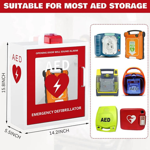 AED Defibrillator Cabinet Wall Mount With Alarm And Clear Window showing storage for various AED units.