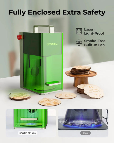 Front view of Lightning Fast 4000mm Per Second Laser Engraver For Wood Leather Acrylic Glass Portable F1 Lite By XTool with engraved samples.
