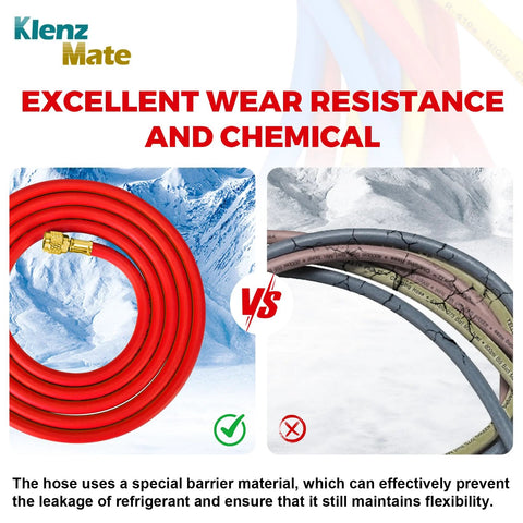 Set of three refrigerant charging hoses in red, yellow and blue with 1/4 inch flare fittings, 96 inch length