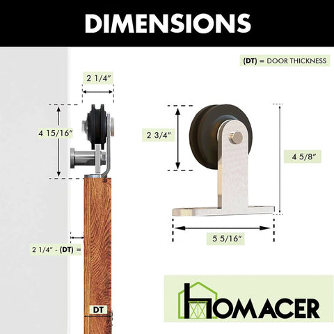 Dimensions of Brushed Nickel Sliding Barn Door Hardware Kit For One Door 5Ft Flat Track With T Shaped Rollers Heavy Duty Build For Indoor And Outdoor Use Easy Install Non Bypass Style Durable Track System