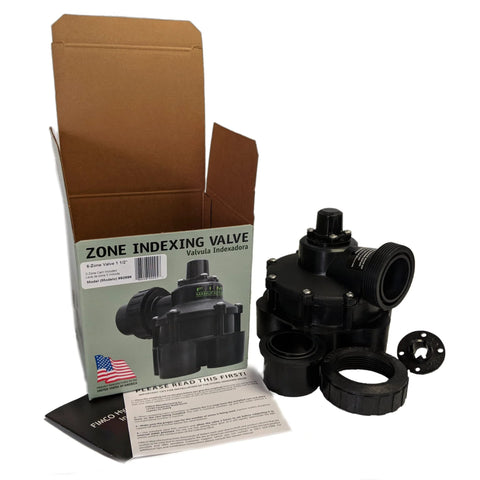 FIMCO 1 1/2 inch six-outlet hydro indexing valve for irrigation; black plastic valve with box and fittings.