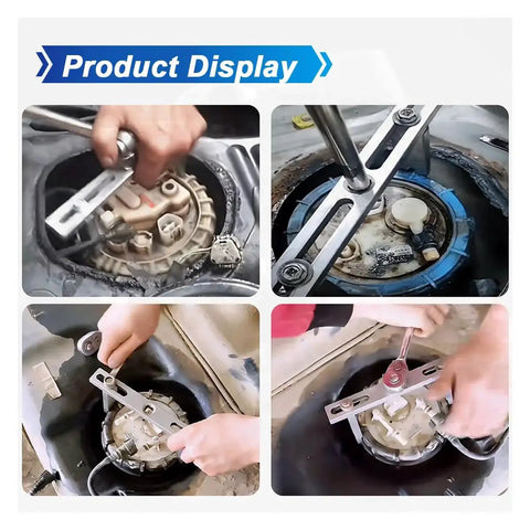 Universal Fuel Pump Removal Tool With Adjustable Lock Ring Spanner For Most Vehicles in use on fuel tank lids.