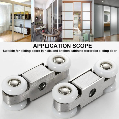 Two Piece Four Wheel Stainless Steel Sliding Door Hanging Wheel Set for halls kitchens cabinets and wardrobes, nylon wheel 23mm diameter, 71 x 25mm