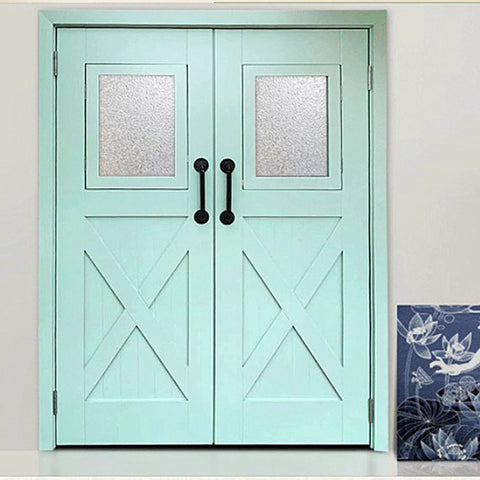 Double mint doors with 9.6 Inch Pipe Barn Door Pull Handle In Black Rustic Industrial Finish installed as handles