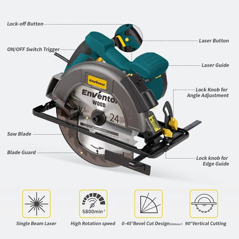Powerful 11 Amp Circular Saw With Laser Guide And Dual 40T 24T 7-1/4 Inch Blades For Fast Wood Plastics And PVC Cutting 6000 RPM Corded Bevel Saw Ideal For Straight Cuts Rips And More Enventor side view showing blade and controls.