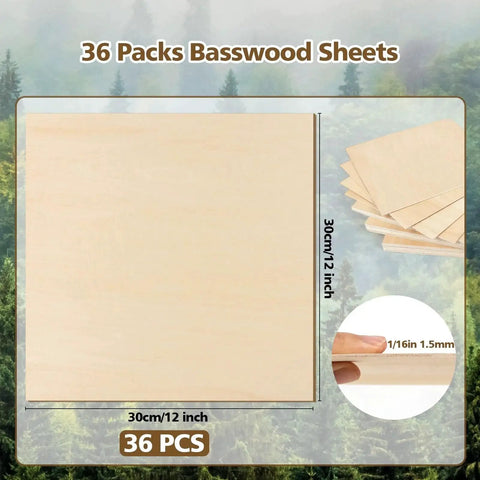 Basswood Sheets 36 Pack Adrattnay Unfinished Wood Panels 12 By 12 Inch 1.5 Mm Thick for DIY Crafts displayed front and side view