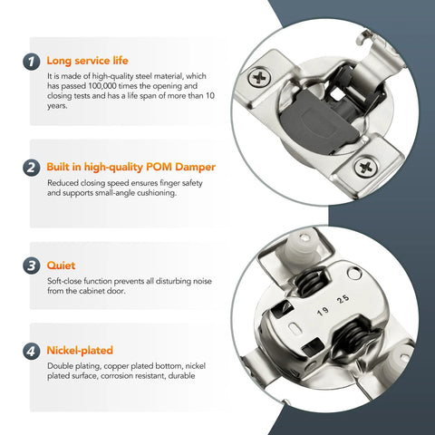 Home Expert 10-pack 1/2-inch overlay soft-close cabinet hinges, satin nickel, concealed for face-frame doors