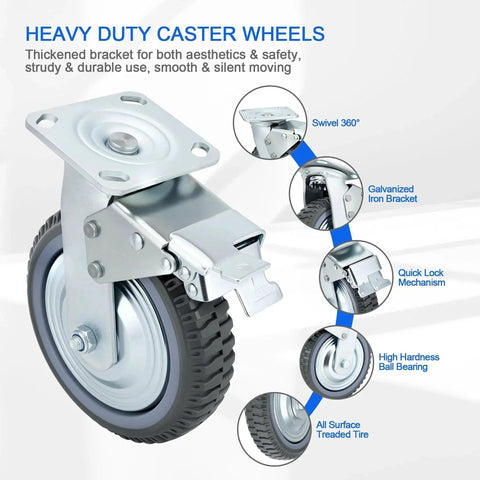 Detailed view of 8 Inch Heavy Duty Caster Wheels Set With 2 Braked Swivel Casters And 2 Fixed Industrial Plate Casters Total Capacity 3500 Lbs 1600 Kg