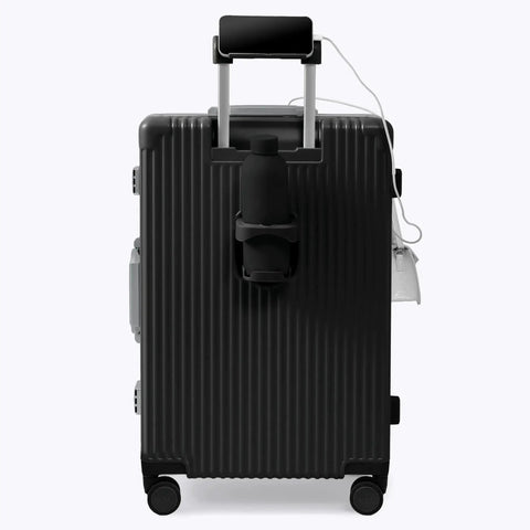 Side view of zipperless check in suitcase with aluminum frame and polycarbonate shell for durable lightweight travel by Nobl Travel