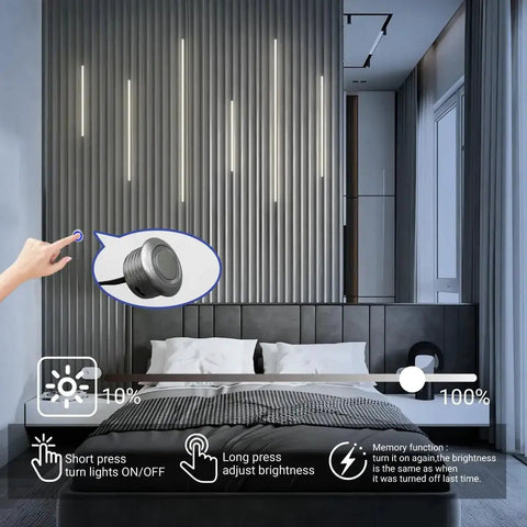 Wood Slat Wall Panel LED Recessed Lighting Kit with 6 Pcs DC12V Adhesive Acoustic Panel Lights and Touch Switch in bedroom setting