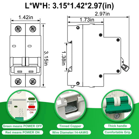 Dimensions diagram of 20 Amp DC Solar Breaker Miniature Circuit Breaker Solar Disconnect Switch 1000V DC and 400V AC 2 Pole MCB.