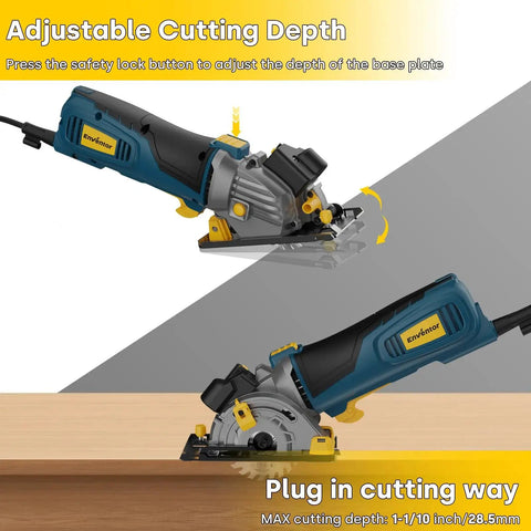 Powerful Mini Circular Saw With Laser Guide, 600W Corded, 5,500 RPM, Three And A Half Inch Blade Set, adjustable cutting depth