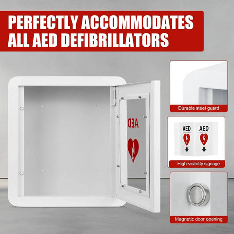 Sturdy Steel AED Defibrillator Cabinet Wall Mount With Magnetic Door Closure And Embedded Handle, Recessed Door Design