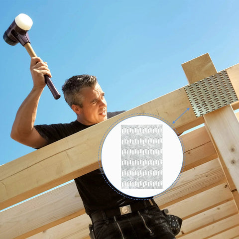 Worker installing Ten Pack Truss Plates 4x6 Inch Pronged Mending Plates With Nail Teeth on wooden trusses, steel hot dip galvanized finish.