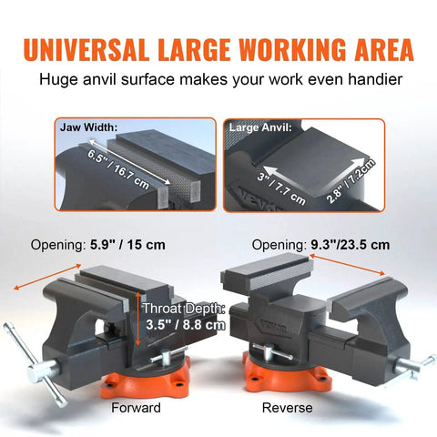 6.5 Inch Jaw Vise With 360 Degree Swivel Locking Base For Workbench showing jaw width, anvil size, and forward/reverse opening dimensions