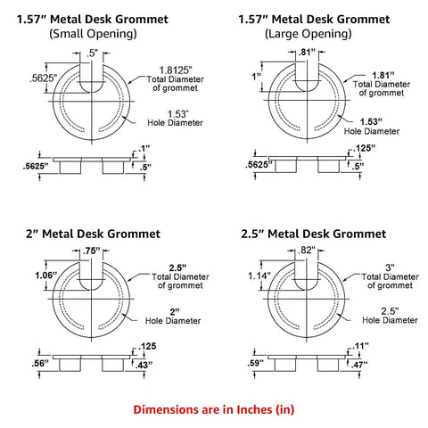Diagram of brass polished desk grommet sizes, including 2.5 inch hole cover, 3 inch lid, with dimensions for cable management