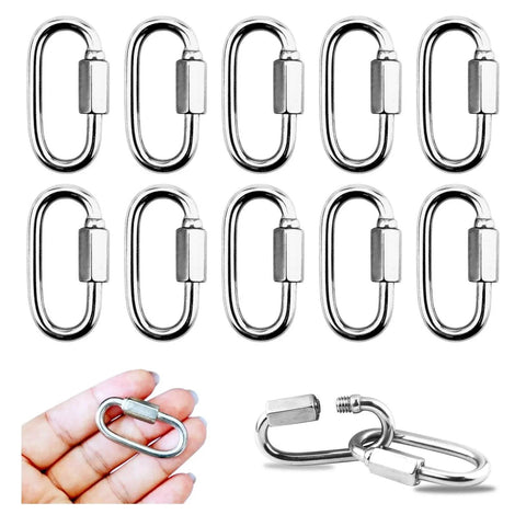 10 Pack 304 Stainless Steel Chain Links M3.5 1/8 Inch D Shape Locking Quick Links shown with single close-up view