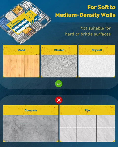 Self Drilling Drywall Anchors Kit 170 Pieces Heavy Duty Wall Anchors For Drywall And Hollow Walls Includes Toggle Bolts Carbon Steel And Plastic Anchors And Screws For Secure Hanging In Home And Office Use for soft to medium-density walls