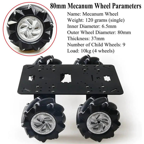 80mm Mecanum wheels and black metal panel from Omnidirectional 80mm Mecanum Wheel Robot Chassis MC200 4WD Kit For Arduino Raspberry Pi.