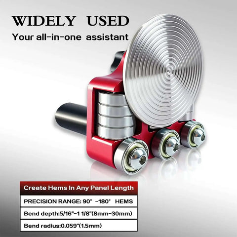 Single Station Sheet Metal Bender Tool For Roof Edges And Flashing, Pro Grade, side view showing rotating disc and specifications