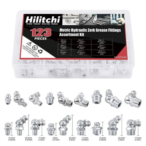 123 Piece Metric Hydraulic Zerk Grease Fittings Kit with 9 common sizes including M6, M8, M10 straight, 45, 90 degree in case