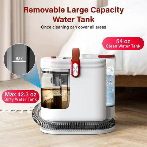 Portable Upholstery And Carpet Cleaner With 15KPa Suction And 500W Motor, large water tanks, and hose in room setting