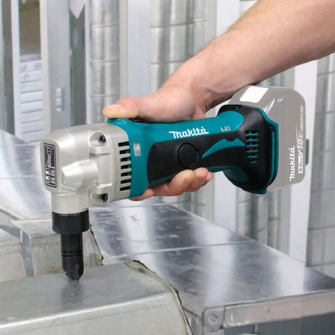 18V LXT Cordless 16 Gauge Metal Nibbler in use, cutting sheet metal with rotating die holder, 1,900 SPM, tool only for pros