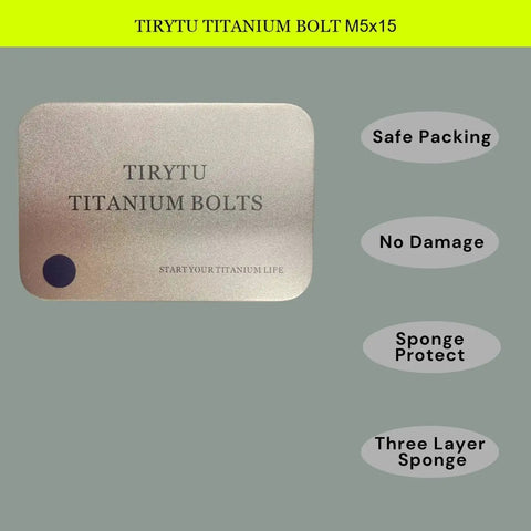 Packaging for Burnt Blue Titanium M5x15mm Hex Socket Screws, TIRYTU brand with protective sponge layers, safe packing, no damage.