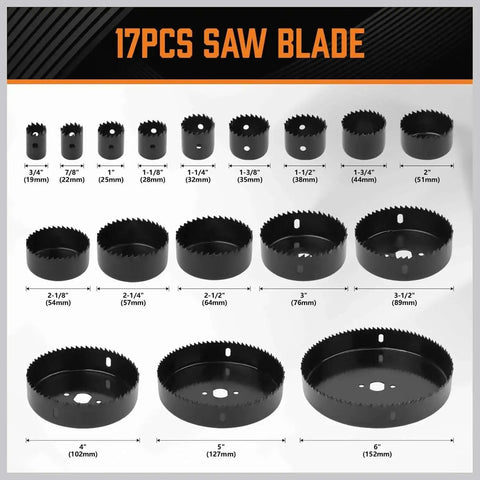 Complete 24 Piece Hole Saw Kit With 17 Blades 2 Mandrels 3 Drill Bits and Installation Plate for Drywall Wood Plastic and PVC Fast Clean Holes