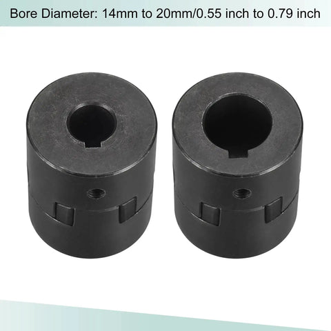 Beefy Flexible Coupling Shaft 14mm To 20mm Bore 53mm Length 44.5mm OD Motor Coupler Joint for servo and stepper motors shown side by side.