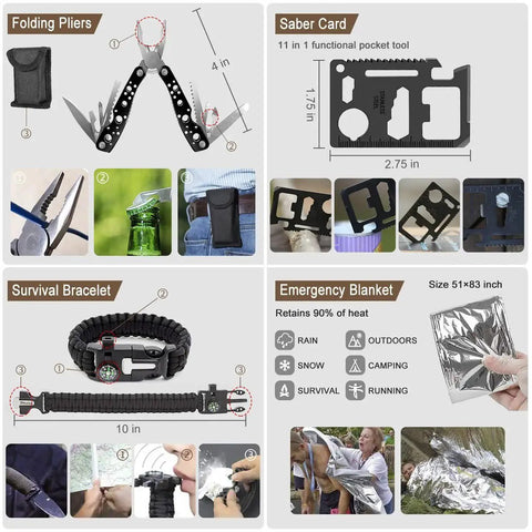 Product features for 238 Piece Emergency Survival Kit, showing folding pliers, saber card, survival bracelet, and emergency blanket details.