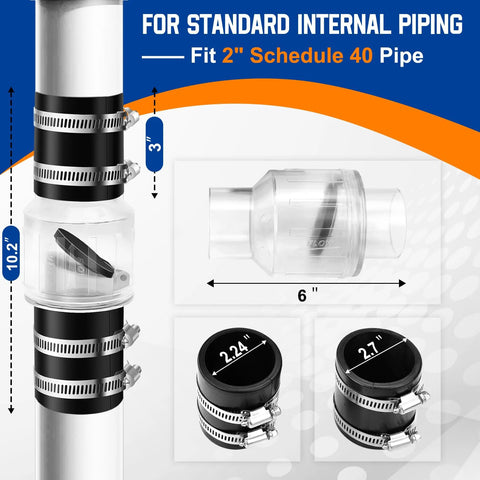 2 in. sump pump check valve with spring-loaded flapper; clear body, includes steel clamps for 2 in. Schedule 40 PVC