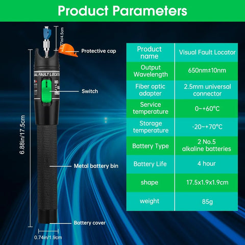 Fiber optic Visual Fault Locator pen with orange cap, blue tip, green switch and textured grip (front view)