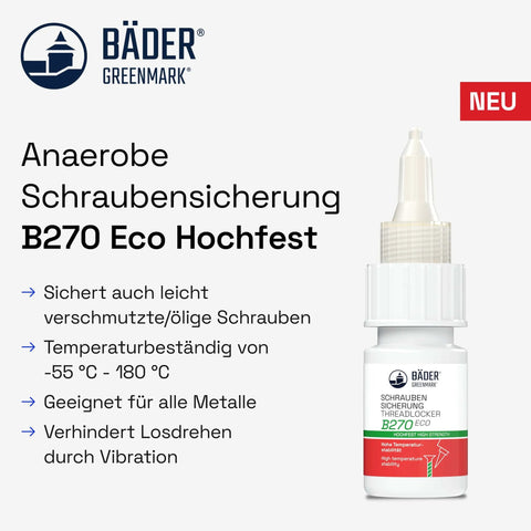 B270 Eco high-strength anaerobic thread locker bottle with product information on bottle label.