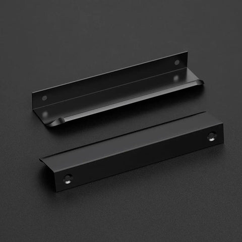 Close-up of 10 Pack Black Finger Edge Pulls For Cabinets And Drawers, 5.9 Inch Length 150mm With 5 Inch Hole Center 128mm, matte black finish.