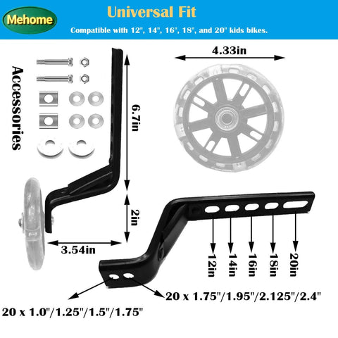 Heavy Duty Training Wheels For 12 To 20 Inch Kids Bikes Universal Fit, black steel bracket, wheel, installation parts, and dimensions