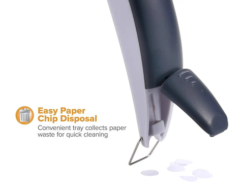 EZ Squeeze One-Hole Paper Punch Pack of 3 showing easy-clean chip tray with paper waste, gray and blue finish.