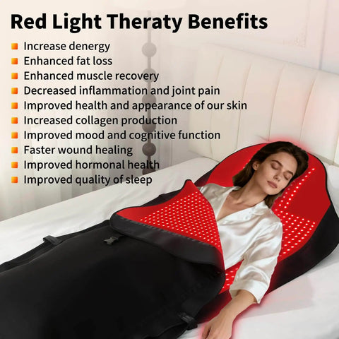Woman using Full Body Red Light Therapy Mat With 2704 LEDs Dual Wavelength 660nm And 850nm for at home pain relief and wellness