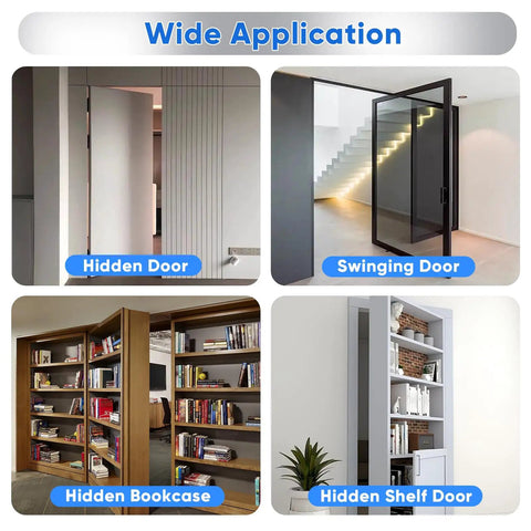 Collage of hidden door, swinging door, hidden bookcase, hidden shelf showing wide application of 2 Pack Stainless Steel Hidden Door Hinges With 360 Degree Rotation For Secret Doors Beefy Heavy Duty Pivot Hinges Ideal For Concealed Bookcase Doors Up To 600 Pounds Load Bearing Corrosion Resistant 304 Stainless