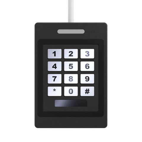 Black security keypad panel with numeric keypad (1-9,0,*,#) and small display; white cable exits from top.