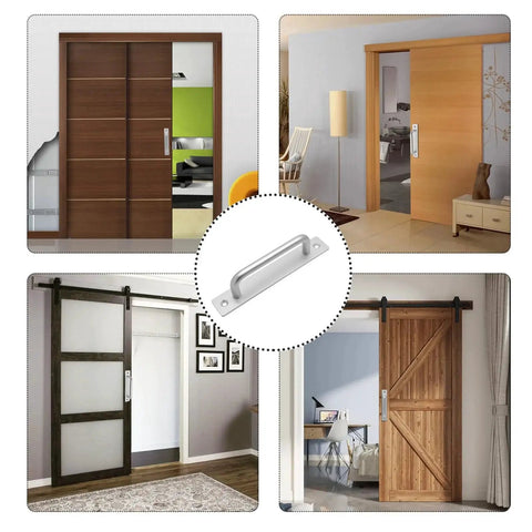 2 Pack Sliding Barn Door Handle With Plate on various sliding doors, 128mm center hole distance, 5 inch center, silver finish