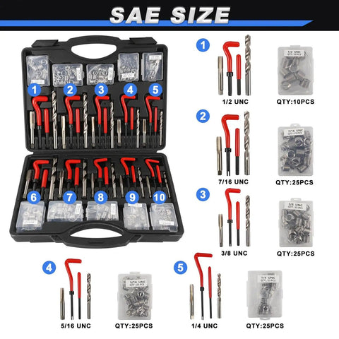 263 Piece Thread Repair Kit With HSS Drill Bits And Helicoil Inserts For Metric And SAE Threads showing SAE sizes
