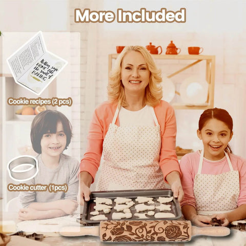 Family baking with Rose Embossed Rolling Pin For Baking Cookies And Shortbread With Flower Pattern, cookies on tray, ingredients shown.