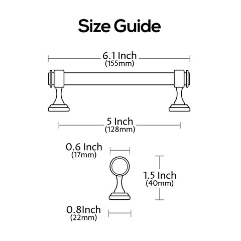 Size guide for Oil Rubbed Bronze Cabinet Pulls 10 Pack 5 Inch Center To Center Straight Bar Handles For Cabinets And Drawers Cupboards Closets Dressers Kitchen Cabinet Hardware AL3082ORB showing dimensions in inches and millimeters.